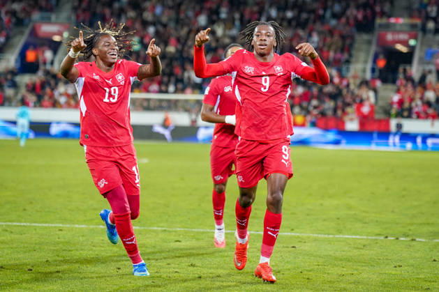 Fussball UEFA Nations League 2026 - 2027, 4. Spieltag - Schweiz vs Nordmazedonien - Thermoplan Arena (Luzern): Tor und Torjubel zum 2:0 durch Johan Manzambi (Schweiz, 9) Freude, Emotionen, Jubel Winsley Boteli (Schweiz, 19) Copyright: xJOERANxSTEINSIEKx