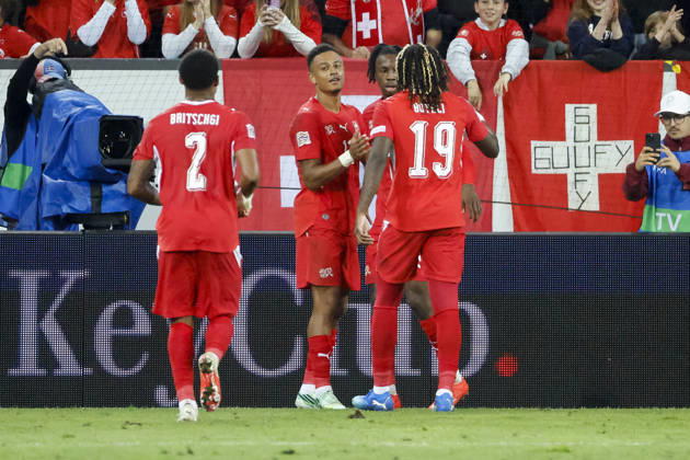 Torjubel Schweiz beim 3:0 durch Dan Ndoye (Schweiz, 11), Freude, Begeisterung, positive Emotionen, Torerfolg , Schweiz, UEFA , Nations League, Matchday 4, Schweiz vs. Nordmazedonien, 06.10.2026, Luzern Swissporarena Schweiz Copyright: xGrantxHubbsx