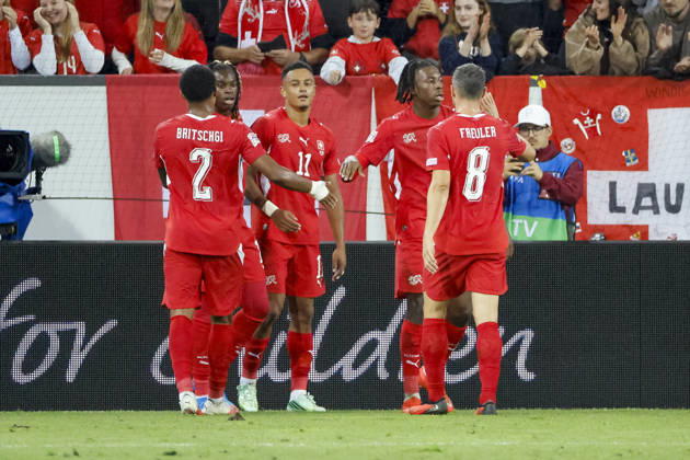 Torjubel Schweiz beim 3:0 durch Dan Ndoye (Schweiz, 11), Freude, Begeisterung, positive Emotionen, Torerfolg , Schweiz, UEFA , Nations League, Matchday 4, Schweiz vs. Nordmazedonien, 06.10.2026, Luzern Swissporarena Schweiz Copyright: xGrantxHubbsx