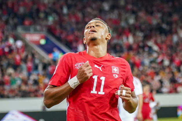 Fussball UEFA Nations League 2026 - 2027, 4. Spieltag - Schweiz vs Nordmazedonien - Thermoplan Arena (Luzern): Tor und Torjubel zum 3:0 durch Dan Ndoye (Schweiz, 11) Freude, Emotionen, Jubel, Geste, Gestik, Mimik, Gesichtsausdruck, Emotion Copyright: xJOERANxSTEINSIEKx