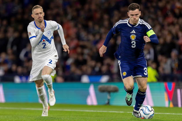 Scotland v Slovenia, UEFA Nations League Andy Robertson of Scotland national team, Nationalteam gets away from Å½an KarniÄnik of Slovenia during the UEFA Nations League League B Group B1 between Scotland and Slovenia. Barclays Hampden, Hampden Park, Glasgow, Scotland. 6 October 2026. Hampden Park Barclays Hampden Glasgow Scotland Editorial use only , Copyright: xColinxPoultneyx PSI-24964-0033