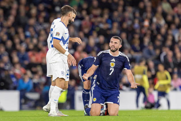Scotland v Slovenia, UEFA Nations League John McGinn of Scotland national team, Nationalteam looks up in disgust after being brought down during the UEFA Nations League League B Group B1 between Scotland and Slovenia. Barclays Hampden, Hampden Park, Glasgow, Scotland. 6 October 2026. Hampden Park Barclays Hampden Glasgow Scotland Editorial use only , Copyright: xColinxPoultneyx PSI-24964-0051