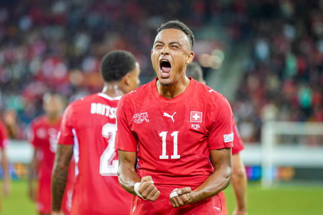 Fussball UEFA Nations League 2026 - 2027, 4. Spieltag - Schweiz vs Nordmazedonien - Thermoplan Arena (Luzern): Tor und Torjubel zum 3:0 durch Dan Ndoye (Schweiz, 11) Freude, Emotionen, Jubel, Geste, Gestik, Mimik, Gesichtsausdruck, Emotion Copyright: xJOERANxSTEINSIEKx