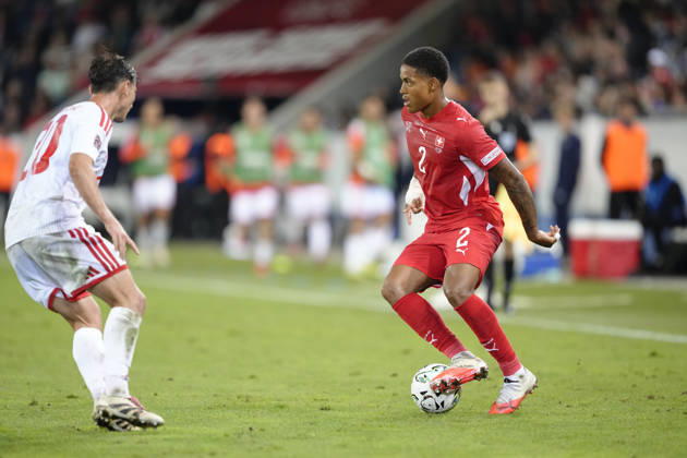 Luzern, Switzerland - October 06: Sascha Britschgi (2 SUI) against Dimitar Mitrovski (20 MKD) during the UEFA Nations League match between Switzerland and North Macedonia at thermoplan arena on October 06, 2026 in Luzern, Switzerland. Copyright: xKjetilxWaberx xSPPx Sportspressphoto_SPR247389
