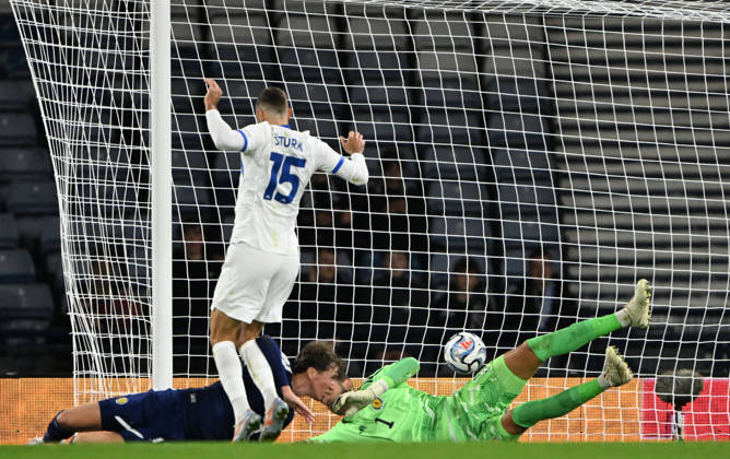 Glasgow, Scotland, 6th October 2026. Danijel Strum of Slovenia scores his sides 2nd goal during the Scotland vs Slovenia UEFA Nations League match at Hampden Park, Glasgow. Picture credit should read: Neil Hanna Sportimage EDITORIAL USE ONLY. No use with unauthorised audio, video, data, fixture lists, club league logos or live services. Online in-match use limited to 120 images, no video emulation. No use in betting, games or single club league player publications. SPI_044_NH_Scotland_Slovenia SPI-5054-0044