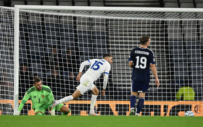 Glasgow, Scotland, 6th October 2026. Danijel Strum of Slovenia scores his sides 2nd goal during the Scotland vs Slovenia UEFA Nations League match at Hampden Park, Glasgow. Picture credit should read: Neil Hanna Sportimage EDITORIAL USE ONLY. No use with unauthorised audio, video, data, fixture lists, club league logos or live services. Online in-match use limited to 120 images, no video emulation. No use in betting, games or single club league player publications. SPI_046_NH_Scotland_Slovenia SPI-5054-0046
