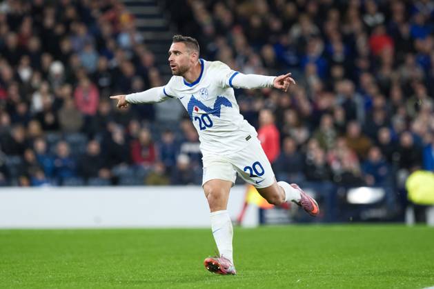 UK: Scotland v Slovenia, UEFA Nations League at Barclays Hampden, Glasgow, Scotland on 06 October 2026: Pictured: Aljosa Matko (Slovenia) scores to make it 1-1 Glasgow Barclays Hampden Scotland Copyright: xAlexxToddx