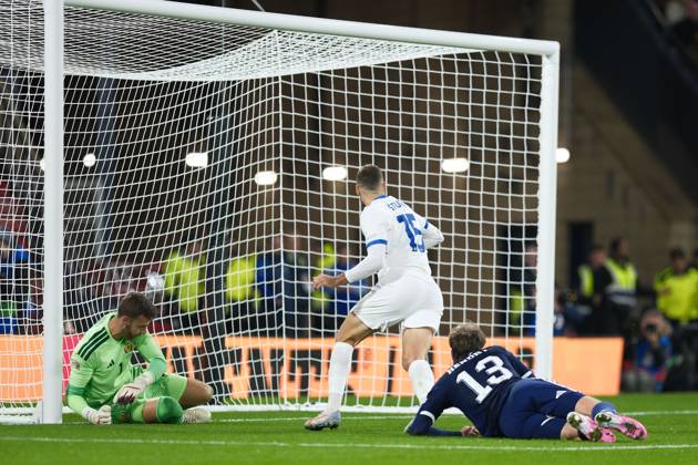 UK: Scotland v Slovenia, UEFA Nations League at Barclays Hampden, Glasgow, Scotland on 06 October 2026: Pictured: Danijel Sturm (Slovenia) scores to make it 1-2 Glasgow Barclays Hampden Scotland Copyright: xAlexxToddx