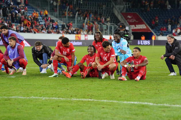 Luzern, Switzerland - October 06: Johan Manzambi (9 SUI), Yvon Landry Mvogo Nganoma (Goalkeeper 12 SUI), Sascha Britschgi (2 SUI), Ardon Jashari (14 SUI), Winsley Boteli Mokango (19 SUI), Adrian Bajrami (3 SUI), Eray Ervin Comert (18 SUI) and Zachary Athekame (16 SUI) in front of the fans after winning the UEFA Nations League match between Switzerland and North Macedonia at thermoplan arena on October 06, 2026 in Luzern, Switzerland. Copyright: xKjetilxWaberx xSPPx Sportspressphoto_SPR247408