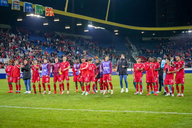 Fussball UEFA Nations League 2026 - 2027, 4. Spieltag - Schweiz vs Nordmazedonien - Thermoplan Arena (Luzern): Freude, Emotionen, Jubel nach dem vierten Sieg im vierten Spiel beim Schweizer Team Copyright: xJOERANxSTEINSIEKx
