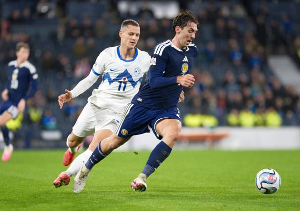 UK: Scotland v Slovenia, UEFA Nations League at Barclays Hampden, Glasgow, Scotland on 06 October 2026: Pictured: Zan Celar (Slovenia) and Luis Binks (Scotland) Glasgow Barclays Hampden Scotland Copyright: xAlexxToddx