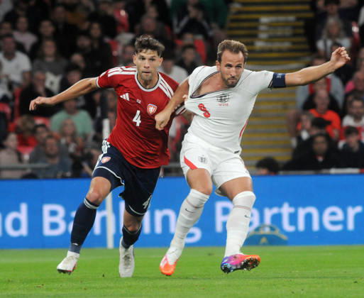 Football - 2026 2027 UEFA Nations League - League A, Group Three: England vs. Czechia (Czech Republic) - Wembley Stadium - Tuesday 6th October 2026 Harry Kane of England has his shirt pulled 