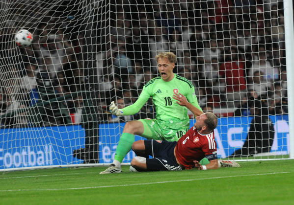 Football - 2026 2027 UEFA Nations League - League A, Group Three: England vs. Czechia (Czech Republic) - Wembley Stadium - Tuesday 6th October 2026 Vladmir Coufal of Czech scores past his own goalkeeper Lukas Homicek to score an own goal 