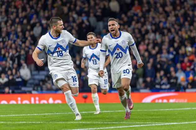 RECORD DATE NOT STATED 6th October 2026; Hampden Park, Glasgow, Scotland; UEFA Nations League Football, Scotland versus Slovenia; Aljosa Matko of Slovenia celebrates after he shoots and scores in the 56th minute to make it 1-1 VagelisxGeorgariou