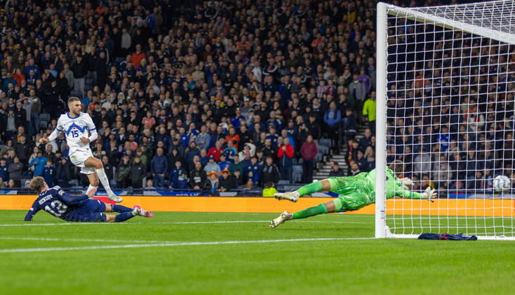 RECORD DATE NOT STATED 6th October 2026; Hampden Park, Glasgow, Scotland; UEFA Nations League Football, Scotland versus Slovenia; Danijel Sturm of Slovenia shoots and scores in the 71st minute to make it 2-1 to Slovenia VagelisxGeorgariou