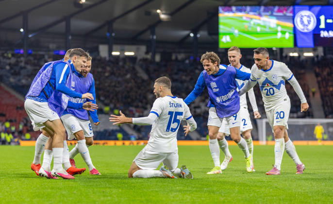 RECORD DATE NOT STATED 6th October 2026; Hampden Park, Glasgow, Scotland; UEFA Nations League Football, Scotland versus Slovenia; Danijel Sturm of Slovenia celebrates after he shoots and scores in the 71st minute to make it 2-1 to Slovenia VagelisxGeorgariou
