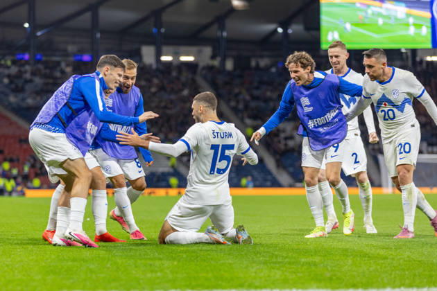 RECORD DATE NOT STATED 6th October 2026; Hampden Park, Glasgow, Scotland; UEFA Nations League Football, Scotland versus Slovenia; Danijel Sturm of Slovenia celebrates after he shoots and scores in the 71st minute to make it 2-1 to Slovenia VagelisxGeorgariou