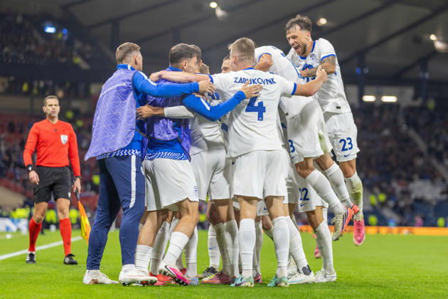 RECORD DATE NOT STATED 6th October 2026; Hampden Park, Glasgow, Scotland; UEFA Nations League Football, Scotland versus Slovenia; Danijel Sturm of Slovenia celebrates with his team mates after he shoots and scores in the 71st minute to make it 2-1 to Slovenia VagelisxGeorgariou