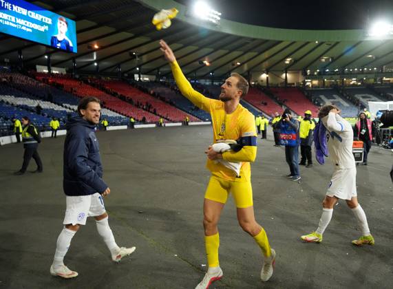 Slovenia captain Jan Oblak throws his shorts to the Slovenia fans while his team mates remove their jerseys and shorts amid celebratons at full-time. Final score Scotland 1 Slovenia 2. Scotland v Slovenia, Football, UEFA Nation s League, Group B1, Hampden Park, Glasgow, UK, Hampden Park, Glasgow, Scotland, Scotland, UK - 06 Oct 2026Glasgow Hampden Park Scotland United Kingdom Copyright: xStuartxWallace Shutterstockx 17189021bs