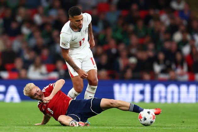 London, England, 6th October 2026. Morgan Rogers of England and Ondrej Zmrzly of Czechia during the England vs Czech Republic UEFA Nations League match at Wembley Stadium, London. Picture credit should read: Paul Terry Sportimage EDITORIAL USE ONLY. No use with unauthorised audio, video, data, fixture lists, club league logos or live services. Online in-match use limited to 120 images, no video emulation. No use in betting, games or single club league player publications. SPI_039_PT_England__Czechia SPI-5055-0039