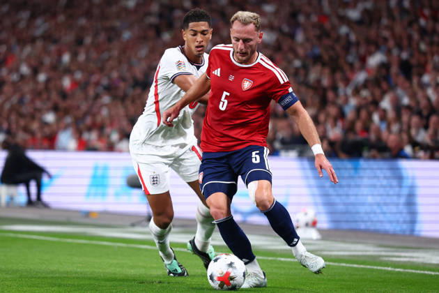 London, England, 6th October 2026. Jude Bellingham of England and Vladimir Coufal of Czechia challenge for the ball during the England vs Czech Republic UEFA Nations League match at Wembley Stadium, London. Picture credit should read: Paul Terry Sportimage EDITORIAL USE ONLY. No use with unauthorised audio, video, data, fixture lists, club league logos or live services. Online in-match use limited to 120 images, no video emulation. No use in betting, games or single club league player publications. SPI_050_PT_England__Czechia SPI-5055-0050