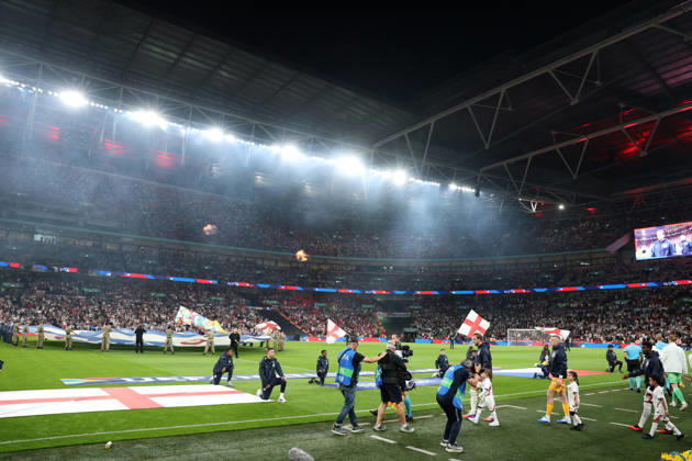 London, England, 6th October 2026. Harry Kane of England leads the England team out onto the pitch before the England vs Czech Republic UEFA Nations League match at Wembley Stadium, London. Picture credit should read: Paul Terry Sportimage EDITORIAL USE ONLY. No use with unauthorised audio, video, data, fixture lists, club league logos or live services. Online in-match use limited to 120 images, no video emulation. No use in betting, games or single club league player publications. SPI_052_PT_England__Czechia SPI-5055-0052