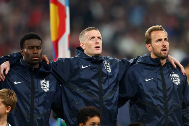 London, England, 6th October 2026. (L-R) Marc Guehi, Jordan Pickford and Harry Kane of England sing the national anthem during the England vs Czech Republic UEFA Nations League match at Wembley Stadium, London. Picture credit should read: Paul Terry Sportimage EDITORIAL USE ONLY. No use with unauthorised audio, video, data, fixture lists, club league logos or live services. Online in-match use limited to 120 images, no video emulation. No use in betting, games or single club league player publications. SPI_054_PT_England__Czechia SPI-5055-0054