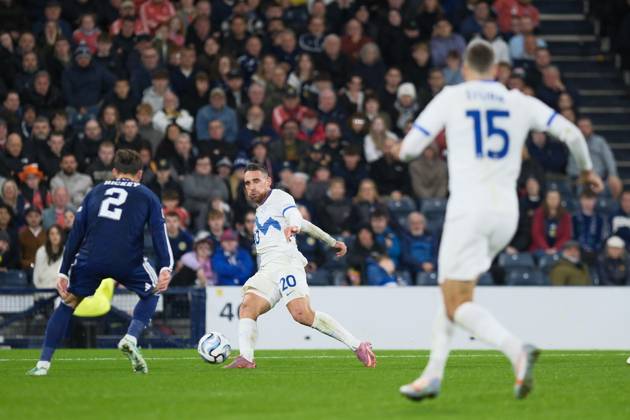 UK: Scotland v Slovenia, UEFA Nations League at Barclays Hampden, Glasgow, Scotland on 06 October 2026: Pictured: Aljosa Matko (Slovenia) crosses for Danijel Sturm (Slovenia) to score the winner Glasgow Barclays Hampden Scotland Copyright: xAlexxToddx