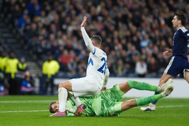 UK: Scotland v Slovenia, UEFA Nations League at Barclays Hampden, Glasgow, Scotland on 06 October 2026: Pictured: Aljosa Matko (Slovenia) put the ball in the net but he was offside Glasgow Barclays Hampden Scotland Copyright: xAlexxToddx