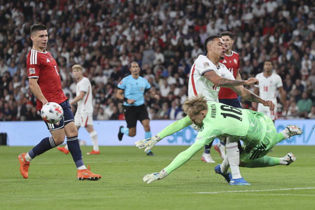 England v Czechia UEFA Nations League Lukas Hornicek of Czechia and Morgan Rogers of England in action during the UEFA Nations League match at Wembley Stadium, London 06 10 2026 UK Newspapers OUT Copyright: xPaulxChestertonx FIL-24030-0113