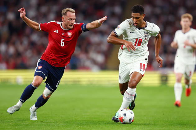 London, England, 6th October 2026. Vladimir Coufal of Czechia and Jude Bellingham of England challenge for the ball during the England vs Czech Republic UEFA Nations League match at Wembley Stadium, London. Picture credit should read: Paul Terry Sportimage EDITORIAL USE ONLY. No use with unauthorised audio, video, data, fixture lists, club league logos or live services. Online in-match use limited to 120 images, no video emulation. No use in betting, games or single club league player publications. SPI_055_PT_England__Czechia SPI-5055-0055