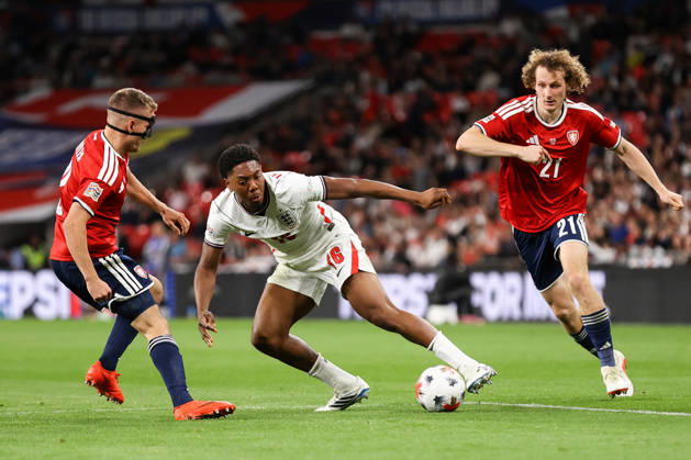 England v Czech Republic 06 October 2026, London - UEFA Nations League - England v Czech Republic - Myles Lewis-Skelly of England takes on Michal Sadilek of Czechia while under pressure from Alex Kral of Czechia - Photo: Jacques Feeney Offside. London UK Copyright: xJacquesxFeeneyx xOffsidexOffside
