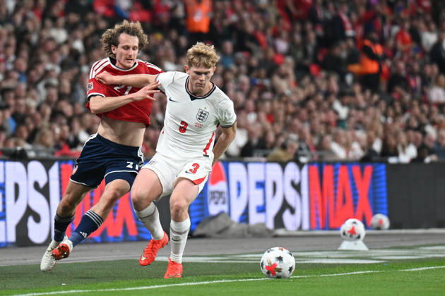 lewis Hall of England and Alex Kral of Czechia challenge for the ball during the Nations League match between England and Czechia at Wembley Stadium, London, England on 6 October 2026. Copyright: xPhilxHutchinsonx 45480035