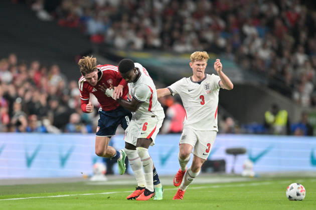 Ryan Naderi of Czechia is challenged by Marc Guehi of England as lewis Hall of England chase the ball during the Nations League match between England and Czechia at Wembley Stadium, London, England on 6 October 2026. Copyright: xPhilxHutchinsonx 45480042