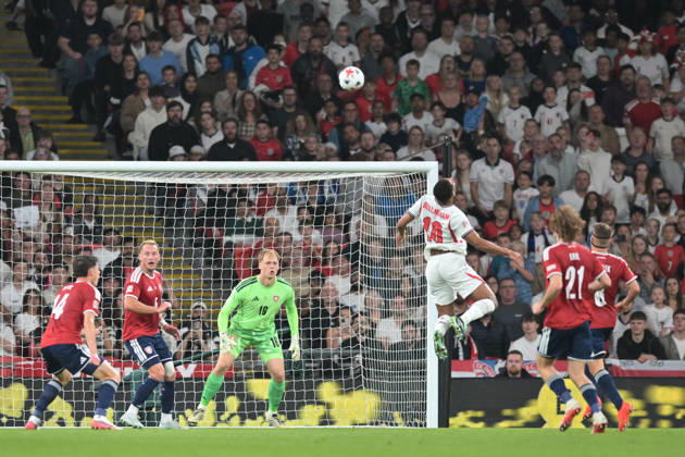 Jude Bellingham of England rises in vain to the high crossed ball during the Nations League match between England and Czechia at Wembley Stadium, London, England on 6 October 2026. Copyright: xPhilxHutchinsonx 45480045