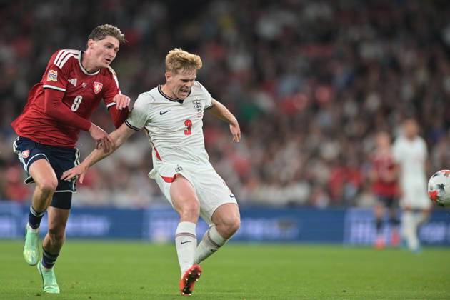 lewis Hall of England guards the ball as Ryan Naderi of Czechia closes in during the Nations League match between England and Czechia at Wembley Stadium, London, England on 6 October 2026. Copyright: xPhilxHutchinsonx 45480047