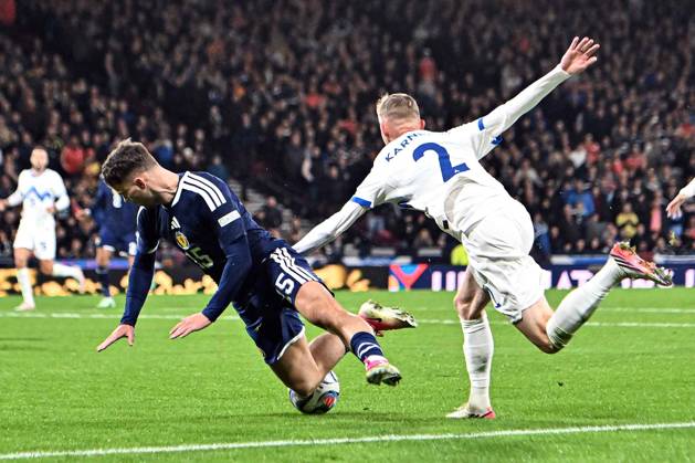 Scotland v Slovenia UEFA Nations League Josh McPake of Scotland is brought down by Zan Karnicnik of Slovenia inside the box during the UEFA Nations League match at Barclays Hampden, Glasgow 06 10 2026 UK Newspapers OUT Copyright: xJamiexJohnstonx FIL-24032-0117