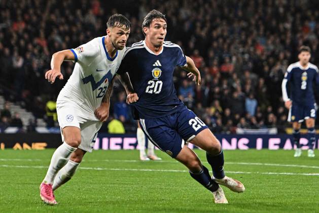 Scotland v Slovenia UEFA Nations League Kieron Bowie of Scotland jostles with David Brekalo of Slovenia during the UEFA Nations League match at Barclays Hampden, Glasgow 06 10 2026 UK Newspapers OUT Copyright: xJamiexJohnstonx FIL-24032-0132
