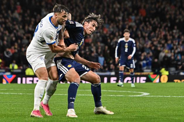 Scotland v Slovenia UEFA Nations League Kieron Bowie of Scotland jostles with David Brekalo of Slovenia during the UEFA Nations League match at Barclays Hampden, Glasgow 06 10 2026 UK Newspapers OUT Copyright: xJamiexJohnstonx FIL-24032-0135