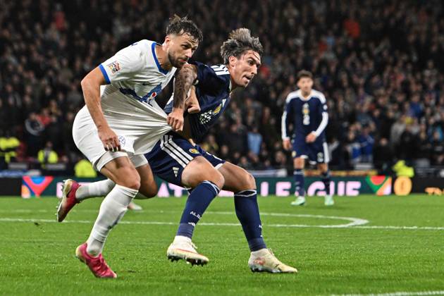 Scotland v Slovenia UEFA Nations League Kieron Bowie of Scotland jostles with David Brekalo of Slovenia during the UEFA Nations League match at Barclays Hampden, Glasgow 06 10 2026 UK Newspapers OUT Copyright: xJamiexJohnstonx FIL-24032-0136