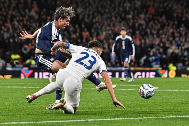 Scotland v Slovenia UEFA Nations League Kieron Bowie of Scotland jostles with David Brekalo of Slovenia during the UEFA Nations League match at Barclays Hampden, Glasgow 06 10 2026 UK Newspapers OUT Copyright: xJamiexJohnstonx FIL-24032-0138