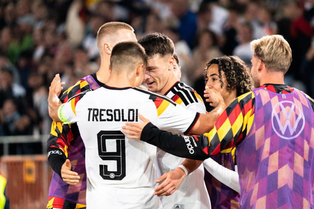 Deutschland: U21, U 21 EM-Qualifikation 2026 2027, Deutschland U21 vs. Georgien U21, Nationalmannschaft, DFB Länderspiel Dienstag 07.10.2026, Schüco Arena, Bielefeld Tor zum 2:0 durch Dzenan Pejcinovic Jubel Freude Emotionen Torjubel Nicolo Tresoldi Copyright: xCelinaxLeiersx