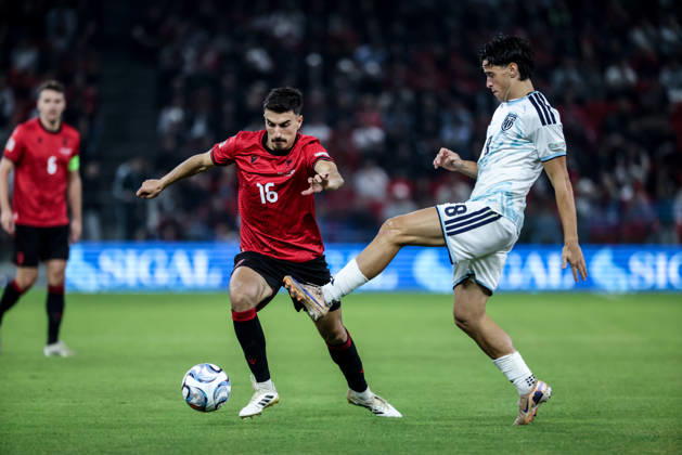 Albania vs San Marino UEFA Nations League 2026-2027 Group C1 Julian Shehu of Albania and Lorenzo Capicchioni of San Marino in action during the UEFA Nations League 2026-2027 group phase match between Albania and San Marino in Tirana, Albania on October 6, 2026 Tirana Albania Copyright: xArmandoxBabanix