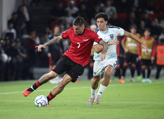 Albania vs San Marino UEFA Nations League 2026-2027 Group C1 Rei Manaj of Albania and Lorenzo Capicchioni of San Marino in action during the UEFA Nations League 2026-2027 group phase match between Albania and San Marino in Tirana, Albania on October 6, 2026 Tirana Albania Copyright: xArmandoxBabanix
