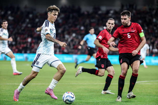 Albania vs San Marino UEFA Nations League 2026-2027 Group C1 Berat Djimsiti of Albania and Enea Della Balda of San Marino in action during the UEFA Nations League 2026-2027 group phase match between Albania and San Marino in Tirana, Albania on October 6, 2026 Tirana Albania Copyright: xArmandoxBabanix