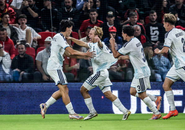 Albania vs San Marino UEFA Nations League 2026-2027 Group C1 Lorenzo Lazzari (C) of San Marino celebrates his goal with teammates during the UEFA Nations League 2026-2027 group phase match between Albania and San Marino in Tirana, Albania on October 6, 2026 Tirana Albania Copyright: xArmandoxBabanix
