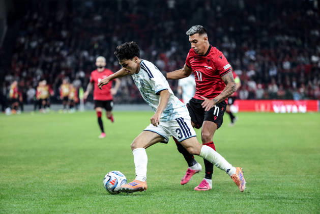 Albania vs San Marino UEFA Nations League 2026-2027 Group C1 Myrto Ozuni of Albania and Simone Giocondi of San Marino in action during the UEFA Nations League 2026-2027 group phase match between Albania and San Marino in Tirana, Albania on October 6, 2026 Tirana Albania Copyright: xArmandoxBabanix