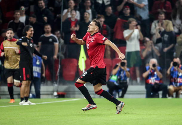 Albania vs San Marino UEFA Nations League 2026-2027 Group C1 Kristjan Asllani of Albania celebrate his opening goal for his team during the UEFA Nations League 2026-2027 group phase match between Albania and San Marino in Tirana, Albania on October 6, 2026 Tirana Albania Copyright: xArmandoxBabanix