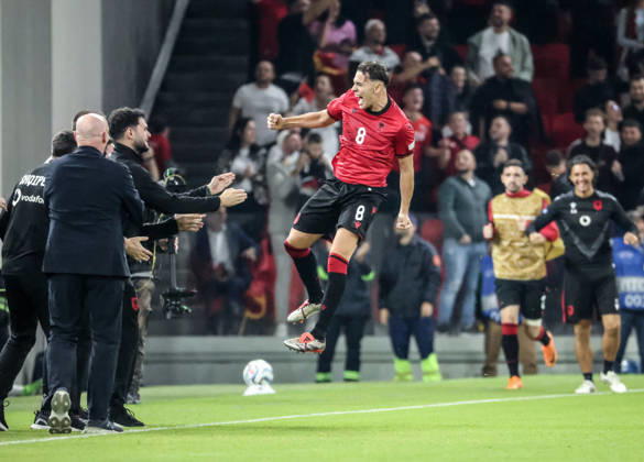 Albania vs San Marino UEFA Nations League 2026-2027 Group C1 Kristjan Asllani of Albania celebrate his opening goal for his team during the UEFA Nations League 2026-2027 group phase match between Albania and San Marino in Tirana, Albania on October 6, 2026 Tirana Albania Copyright: xArmandoxBabanix