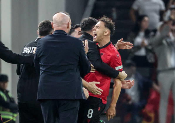 Albania vs San Marino UEFA Nations League 2026-2027 Group C1 Kristjan Asllani of Albania celebrate his opening goal for his team during the UEFA Nations League 2026-2027 group phase match between Albania and San Marino in Tirana, Albania on October 6, 2026 Tirana Albania Copyright: xArmandoxBabanix
